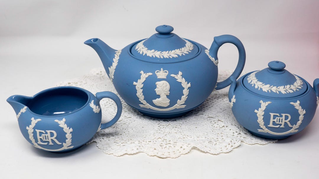 Wedgwood Pale Blue Jasperware Tea Set: Queen Elizabeth Coronation