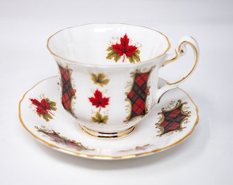 Royal Adderley "Maple Leaf Tartan" teacup and saucer set, vintage bone china made in England