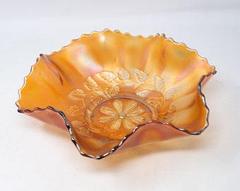 Dugan "Diamond cosmos" 9" ruffled fruit bowl in marigold carnival glass, vintage glassware