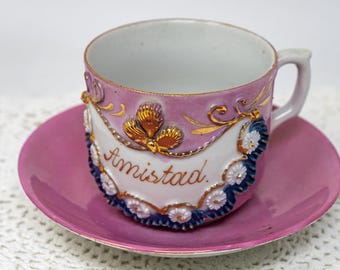 Antique German teacup and saucer, pink lusterware, "Amistad", Victorian cup, antique dinnerware