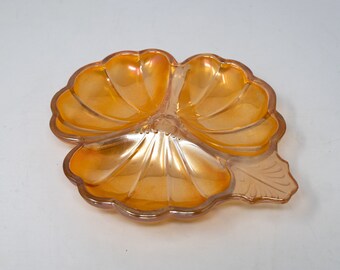 Jeannette three-sectioned candy/nut/trinket dish with handle, leaf-shaped, vintage glassware