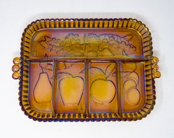 Indiana Glass Company amber carnival glass sectioned serving tray, fruit decoration: grapes, apple, pear, peach, plum, vintage glassware