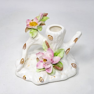 Adderley Floral kandelaar, boomstronk met takken en bloemen, vintage porselein gemaakt in Engeland