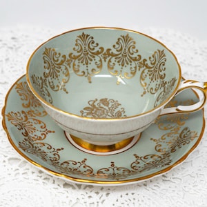 Paragon pale sage green teacup and saucer set, gold filigree decor, vintage bone china made in England, c.1957+