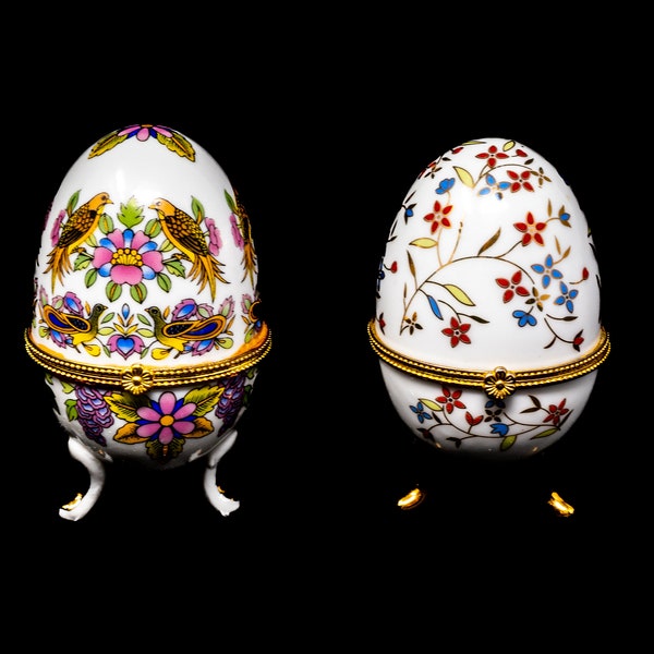 Egg-shaped, Faberge style jewelry / trinket box, flower, bird decoration, three legged, vintage porcelain