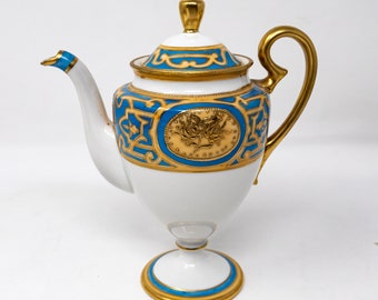 Nippon Mormura art-deco theepot, geometrische blauwe en gouden decoratie, vintage porselein gemaakt in Japan, ca.1911+