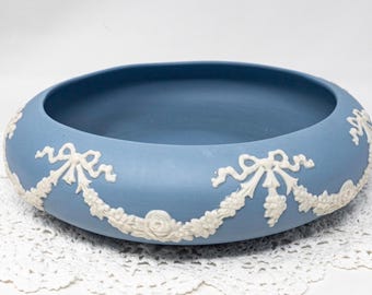 Vintage Ecanada Blue Art Pottery Fruit Bowl with Floral Relief