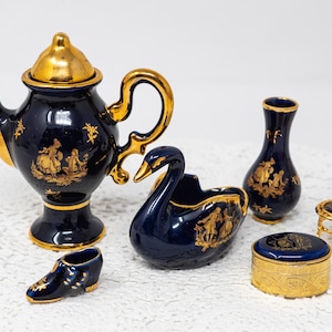 Selection of vintage Limoges porcelain miniatures, France, cobalt blue collection