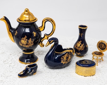 Selection of vintage Limoges porcelain miniatures, France, cobalt
