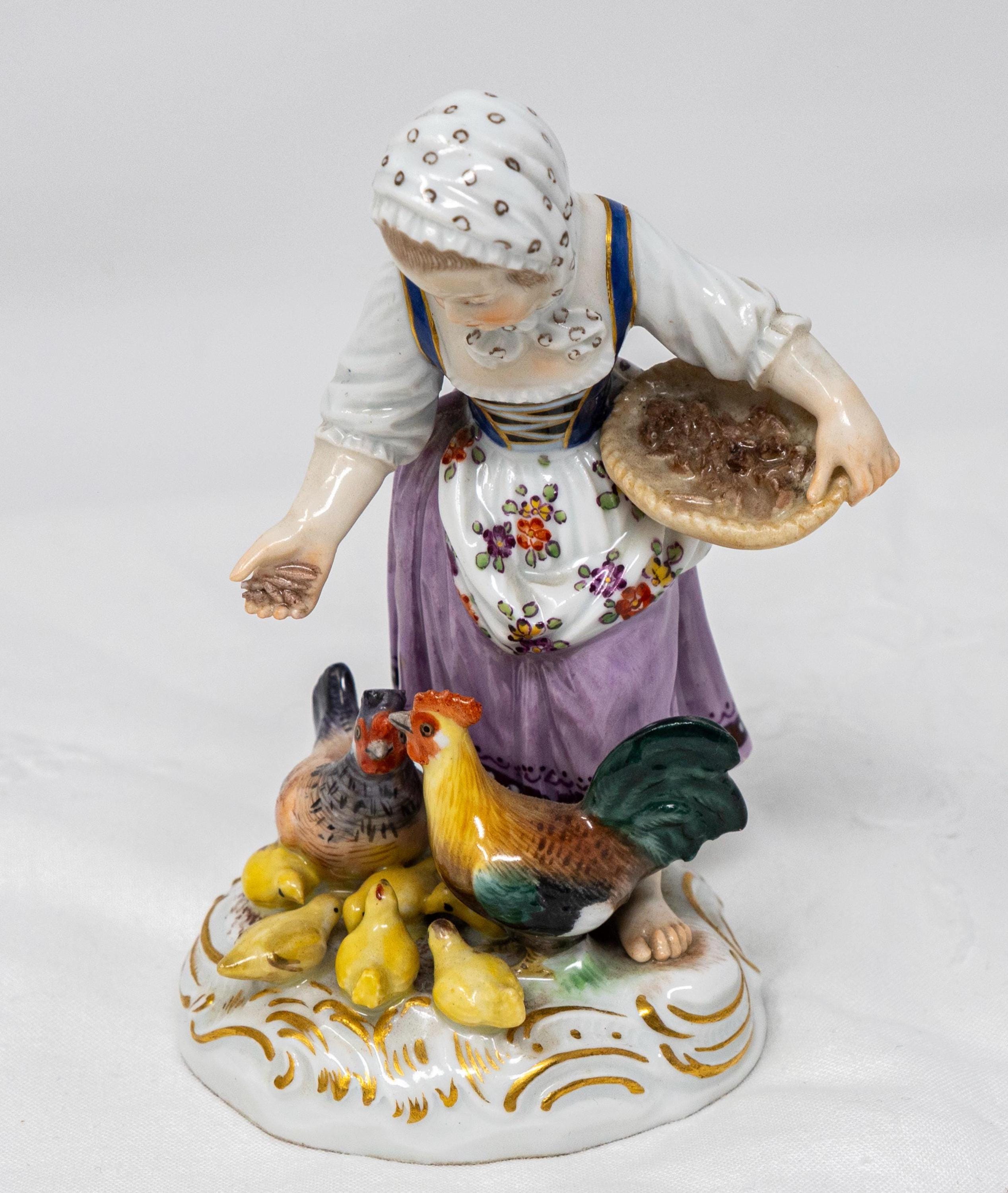 Antique Meissen Porcelain Figurine: Girl Feeding Chickens, 1800s
