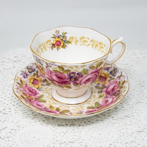 Royal Albert &quot;Serena&quot; teacup and saucer, vintage bone china made in England, Malvern shape, pink roses and green leaves , c.1945+