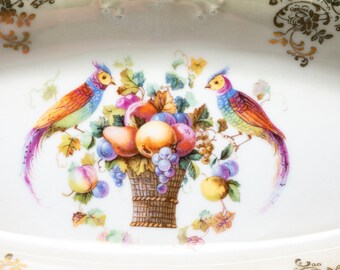 Schumann birds of paradise apsaragus dish, basket of flowers and fruits decor, small serving dish, c.1918-1929 Bavaria, antique dinnerware