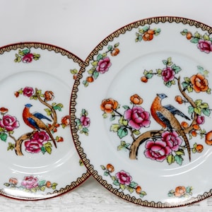 May include: Two white porcelain plates with a red and gold border. The plates feature a floral design with red, orange, and green flowers and two birds with brown, orange, and yellow feathers.