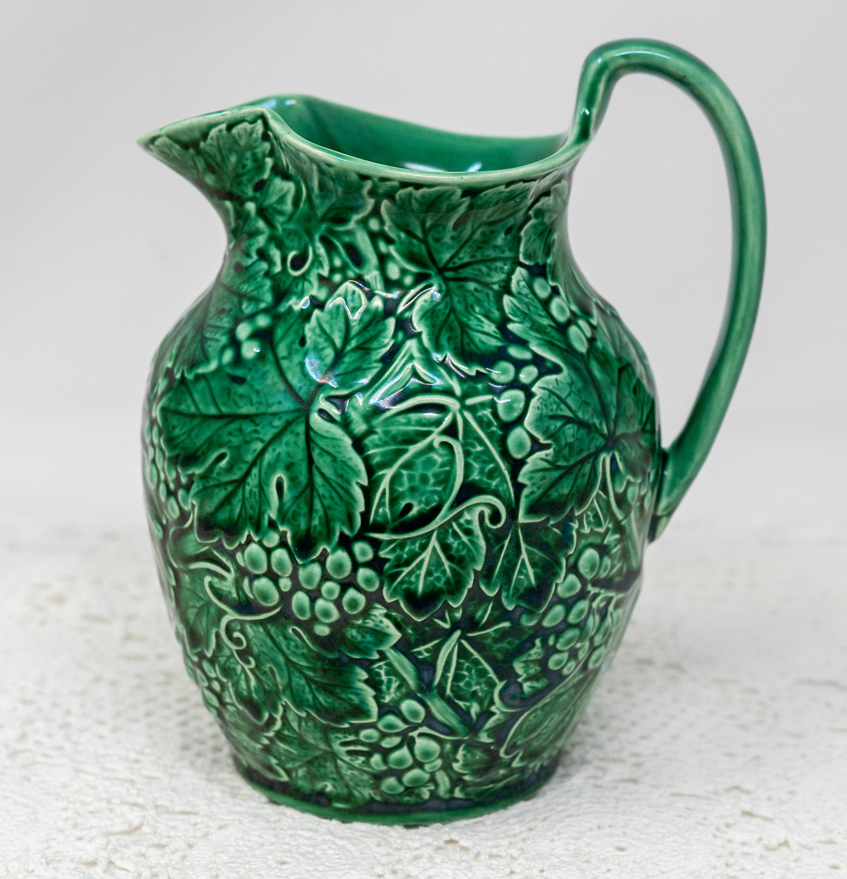 Vintage Wedgwood Majolica Pitcher: Green Grapevine Relief, 6.5