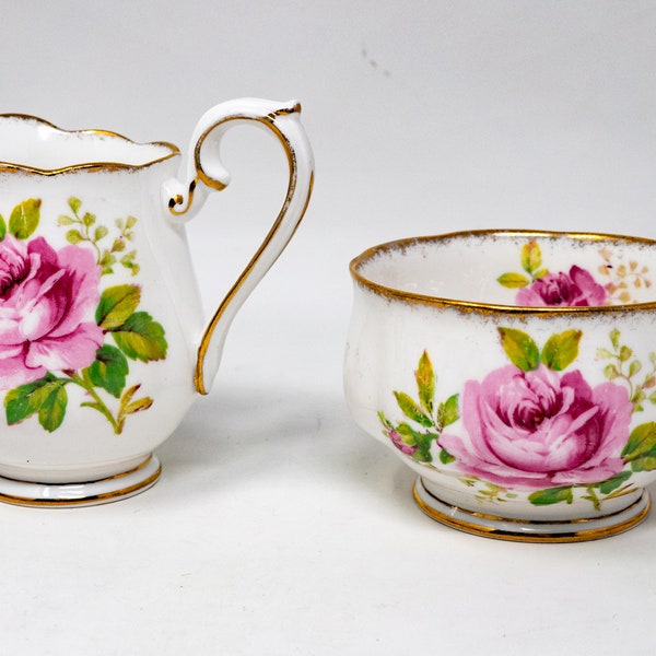Small Royal Albert "American Beauty" creamer and sugar bowl,  vintage bone china made in Engand