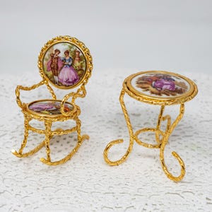 Selection of vintage Limoges porcelain miniatures: table, rocking chair, Fragonard decor, France