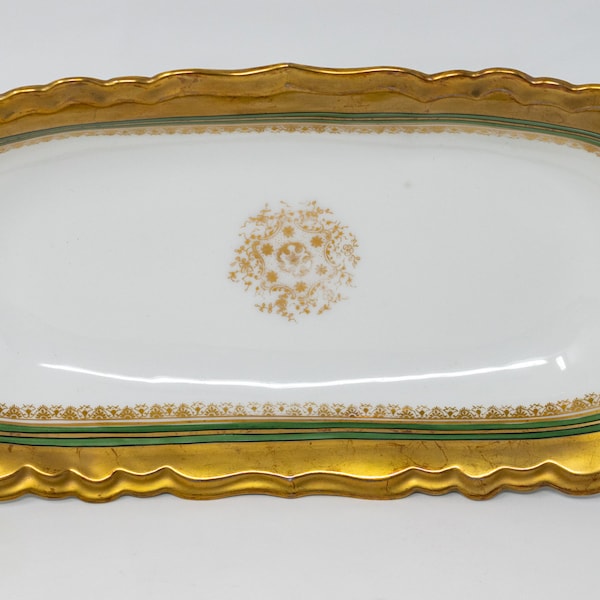 Limoges B&H elongated server dish with handles, green and rich gold decoration, Blakeman and Henderson, c.1890-1900