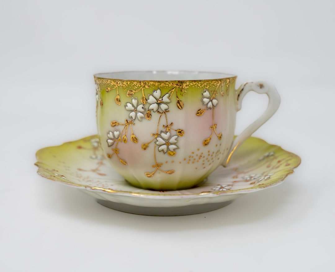 Antique Green Coffee Cup and Saucer Set Floral Decoration Etsy