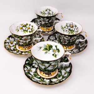 Selection of Royal Albert &quot;Provincial flowers&quot; black band teacups and saucers set, vintage bone china made in England