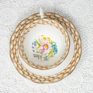 Royal Albert flower arrangement with enamelled ribbon teacup and saucer set, Avon shape, vintage china made in England, c.1954, RARE