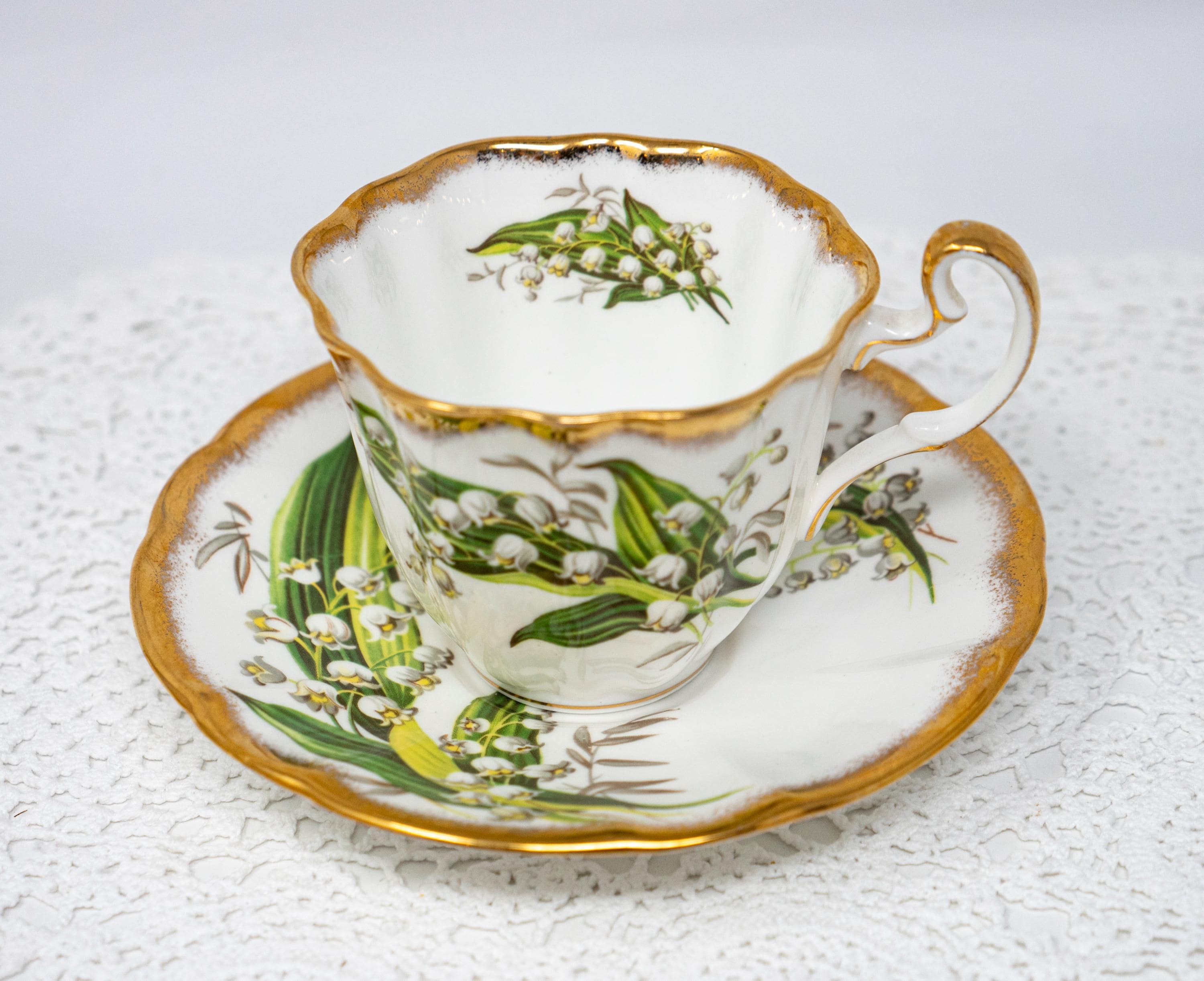Vintage Royal Adderley Lily of the Valley Teacup Set: Gold Bone