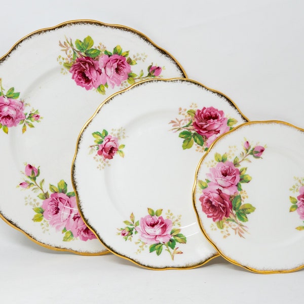 Royal Albert "American beauty" selection of  plates, pink cabbage roses and green foliage, brushed gold , Vintage Bone China