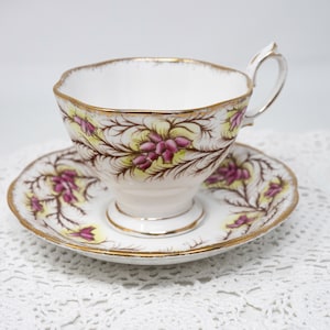 Royal Albert teacup and saucer set, &quot;Heather Bell&quot; pattern,  Malvern shape, c.1940s, England