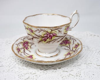 Royal Albert teacup and saucer set, "Heather Bell" pattern,  Malvern shape, c.1940s, England