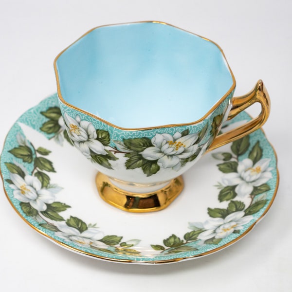 Gladstone sky blue "Montrose" teacup and saucer set, RARE, dogwood decoration, vintage bone china
