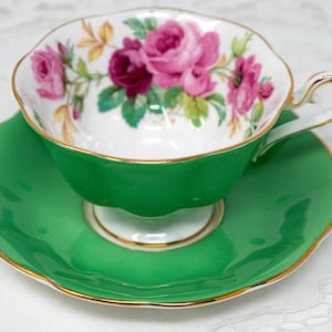Royal Albert bright green with roses inside teacup and saucer set, Avon shape, vintage dinnerware made in England, c.1970s, widemouth, RARE