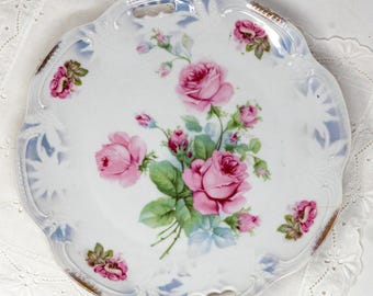 Vintage CS Bavaria Bone China Cake Plate: Pink Roses, Reticulated Handles