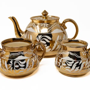 Gibson&#39;s golden tea serving set: teapot, sugar bowl, creamer, vintage bone china made in England, c.1950+