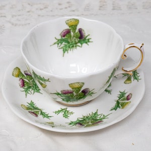 Royal Albert &quot;Highland Thistle&quot; teacup and saucer set, vintage bone china made in England