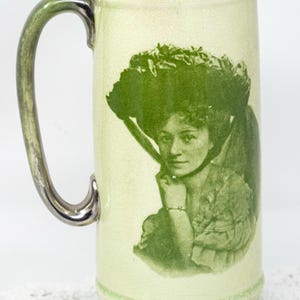 Antique Ridgways pitcher/tankard, c.1880s, light green, double female portrait, transferware, England