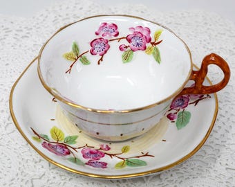 Royal Stafford Blossom Teacup and Saucer Set: Vintage Bone China with Floral Relief