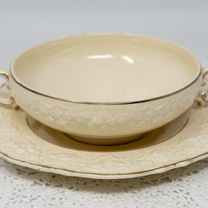 Crown Ducal cream soup bowl with underplate, Ducal ware, embossed, transfwerware,  A. G. Richardson and Co., England, c.1915-1930s
