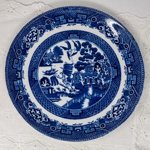 Blue transferware 8.8&quot; plate, Blue Willow by J.H.W. & Sons Hanley,  c. 1892-1925s, antique, ironstone, semi porcelain