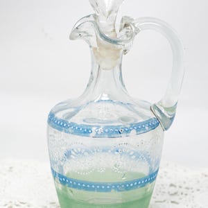Glass cruet with stopper, vintage glass, oil vinegar bottle, hand-blown glass, the first half of the 20th century
