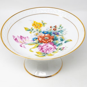 Bayreuth Gloria hand decorated compote pedestal dish, embossed with gold trim, Made in Germany (Bavaria), vintage dinnerware