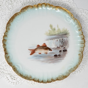 Antique Limoges Fish Plates: Hand Painted, Brushed Gold, c.1890s