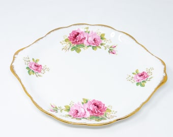 Royal Albert "American Beauty" Cake Plate,  Vintage Bone China, Scalloped Edges, Gold Trim. Pink Roses floral decoration