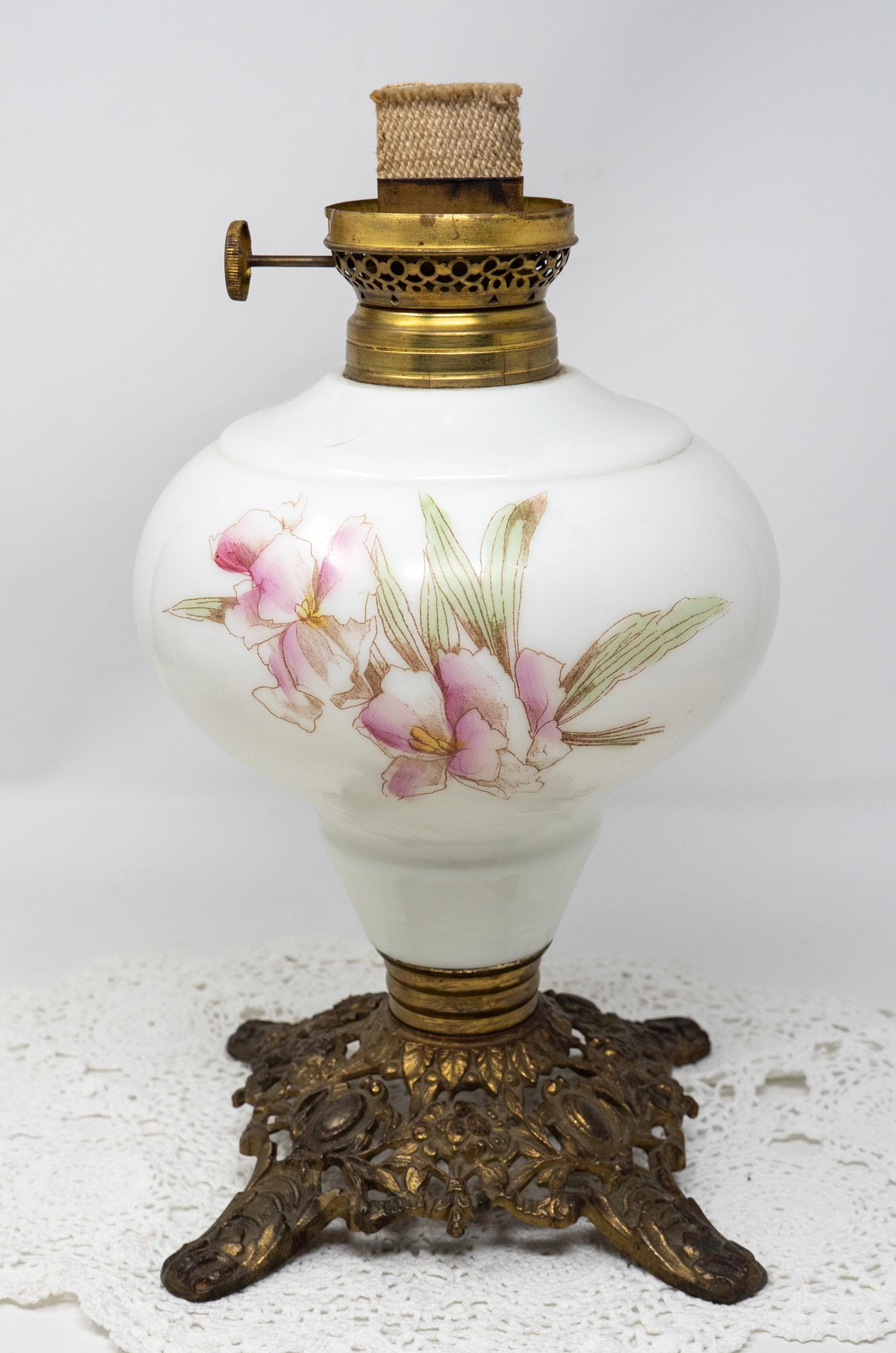 Antique Floral Oil Lamp: E. M.&Co Milk Glass Lantern (No Chimney)