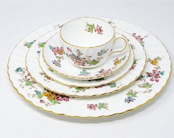 Selection of Minton "Vermont" series variety:  teacups and plates, pattern s365, bone china