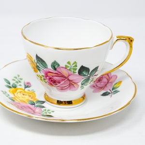 Delphine large pink and yellow rose teacup, vintage bone china, made in England