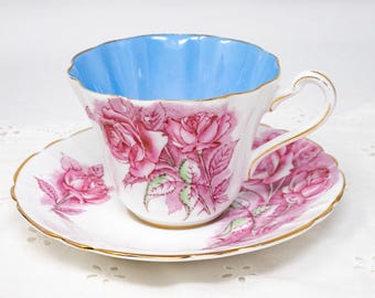 Vintage Royal Stafford Bone China Teacup and Saucer Set: Pink Roses, Blue Interior