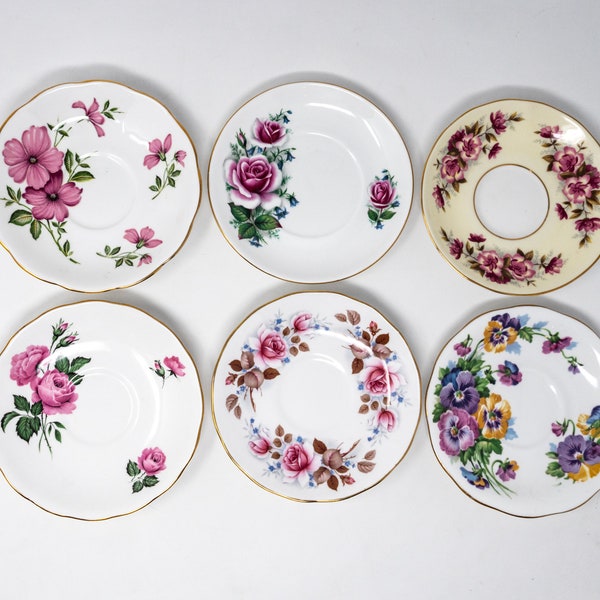 Replacement: Selection of Queen Anne orphan saucers, vintage bone china, floral designs