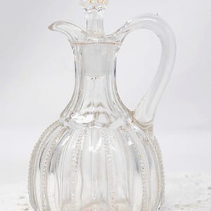 Glass cruet with stopper, vintage glass, oil vinegar bottle, hand-blown glass, the first half of the 20th century