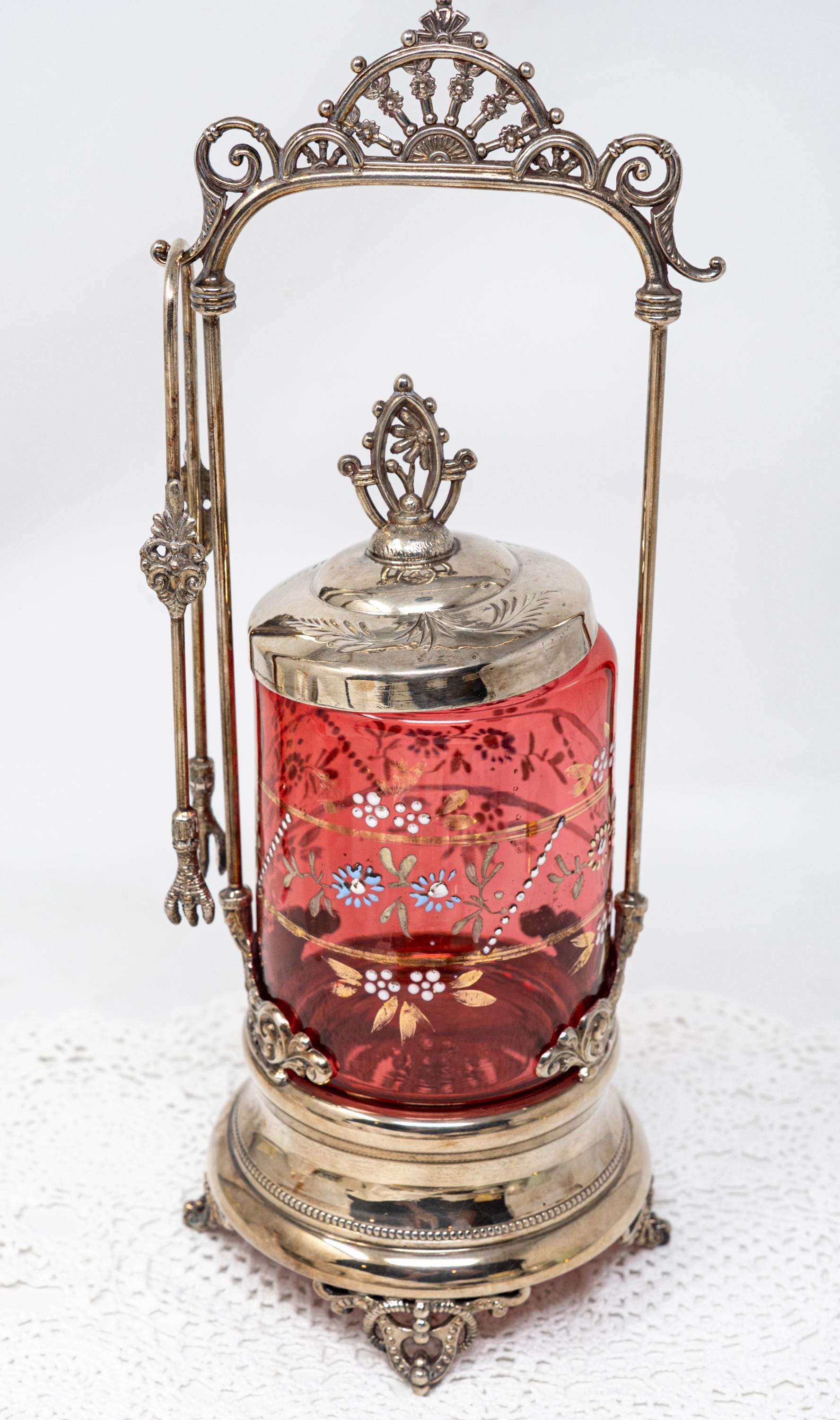 Antique Forbes Silver Co. Pickle Castor: Cranberry Glass Insert, C