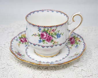 Vintage Royal Albert "Petite Point" tekopp och fatset, vintage benporslin, England