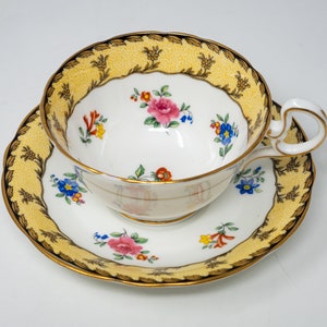 Aynsley teacup and saucer set, flowers and yellow band decor, widemouth, pattern D975, vintage bone china made in England, RARE